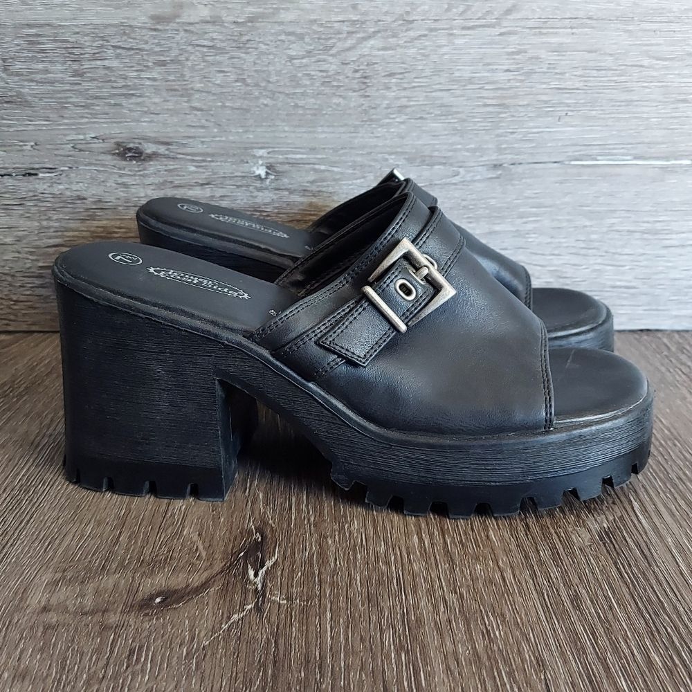 Vintage Black Buckled Platform Chunky Heel Sandals Lower East Side 7.5